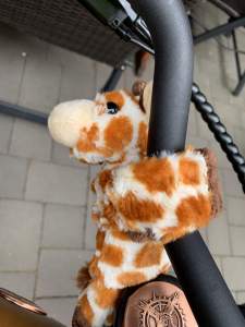 Das Giraffe-Maskottchen, das Gunnar von seiner Familie bekommen hat